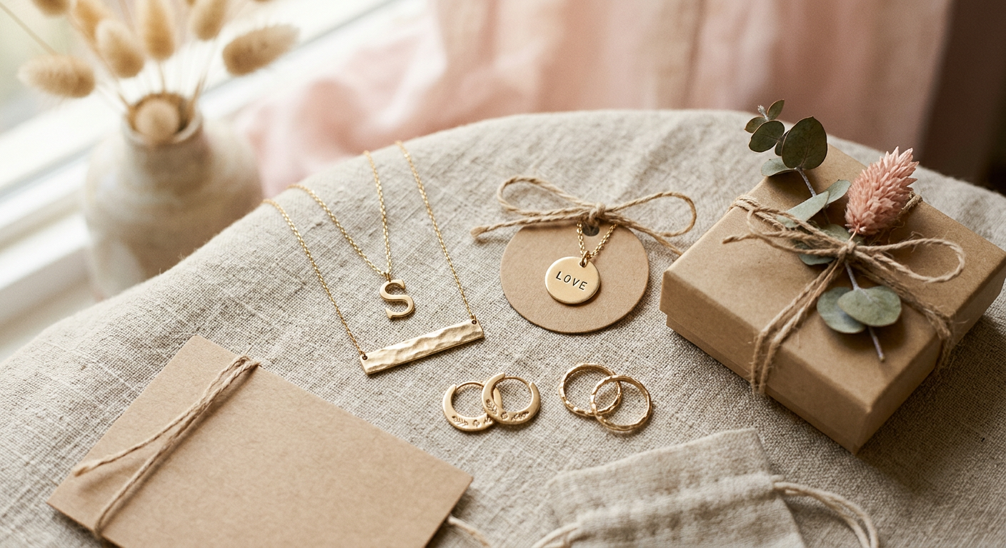 Handcrafted gold jewellery and engraved gifts on linen