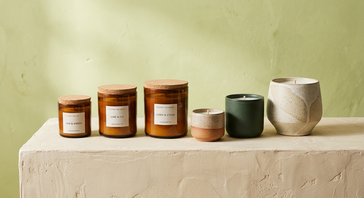 Artisan candles in amber jars and ceramic vessels